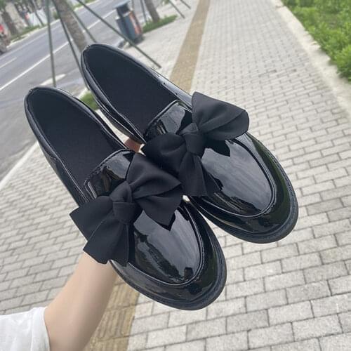 Lucyever Fashion Patent Leather Women Mid Heel Shoes Sweet Bow Square Heel Pumps Woman Casual Pound Toe Slip on Shoes Ladies