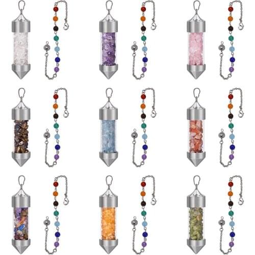TUMBEELLUWA Chips Stones Wish Bottle Pendant Necklace, 7 Chakra Beads Chain Pendulum Dowsing Healing Crystal Lucky Bottle