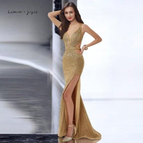 Gold Sexy Evening Dresses 2021 Lemon Joyce Sleeveless Deep V-Neck Beading Glitter Mermaid Evening Gowns Party Dress