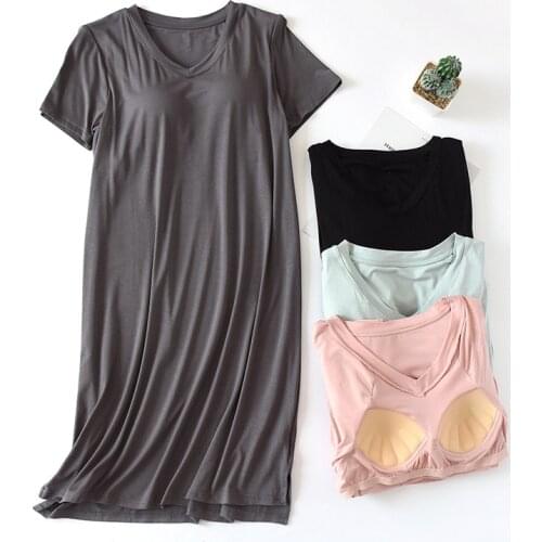 Women Short-sleeved Modale Pajama Skirt Cushion-style Loose Nightgowns V-Neck Solid Casual Sleep Dress Summer Thin Sleepwear
