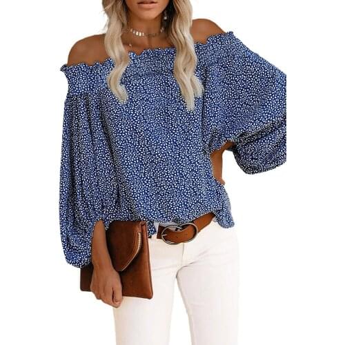 2021 Women Chiffon Shirt Print Lantern Long Sleeve Fall Pullover Slash Neck Off Shoulder Loose Blouse Fashion Street Big Size