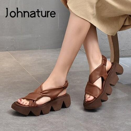 Johnature Genuine Leather Summer Shoes Women Sandals Retro Elastic Band Wedges 2021 New Handmade Concise Leisure Ladies Sandals
