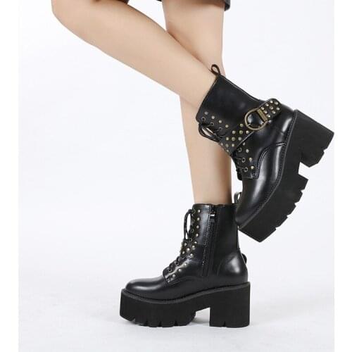 2021Rivet Metal Black Chunky Platform Women Ankle Boots Round Toe Lace Up Thick Bottom Female Motorcycle Boots