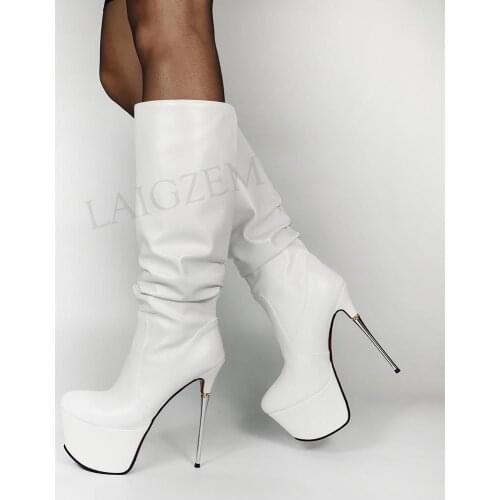 BERZIMER Women Knee High Boots Pull On 16CM Metal Stiletto Heels Ladies White Shoes Woman Botas Spring Summer Large Size 42 43