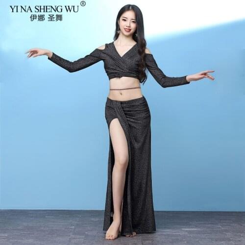 Belly Dance Costume Wear Long Sleeves Top+Long Split Skirt Practice Set Clothing Dress Suit Oriental for Lady Competition Set