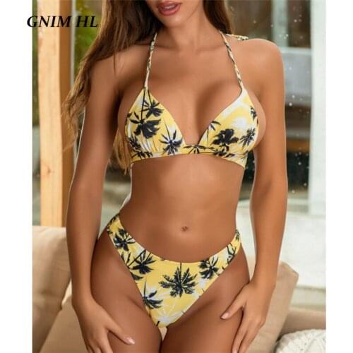 GNIM Sexy Triangle Bikini Swimwear Women 2020 Summer Tree leaf Print Bandage Brazilian Swimsuit Women Two Piece Swim Bather Suit