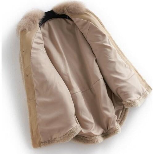 2020 Real Fur Coat Winter Jacket Women Fox Fur Collar Sheep Shearling Fur Jackets for Women 100% Wool Coat Veste Femme