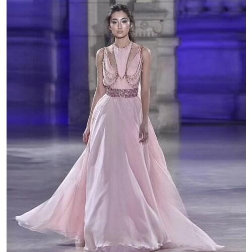 2019 New Fashion Show Runway Dress Sweetstyle Pink Mesh Sleeveless Long Dress Sequin Sexy Pink Bow Back Celebrity Party Dresses