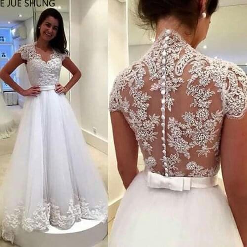 E JUE SHUNG White Lace Appliques Wedding Dresses 2020 Sheer Back Buttons Short Sleeves Cheap Bridal Dresses vestidos de novia