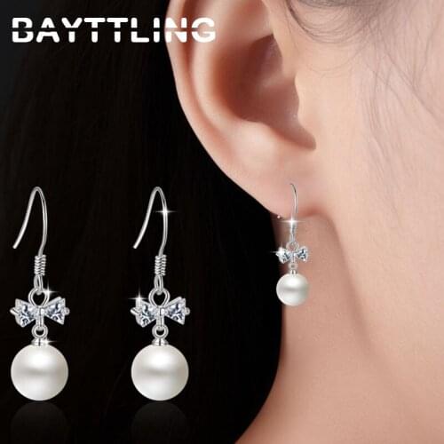 BAYTTLING 925 Sterling Silver 35MM Fine Shiny Zircon Bowknot Pearl Drop Earrings For Woman Fashion Wedding Party Gift Jewelry