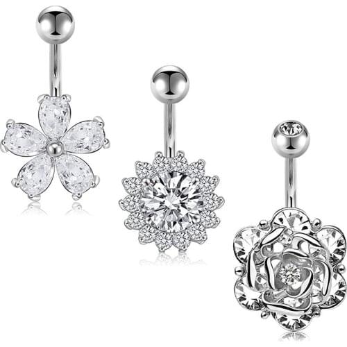 Heart Flower Belly Button Rings 14G 3Pcs Surgical Steel Belly Rings CZ Belly Barbell Navel Rings Piercing Jewelry for Women Girl