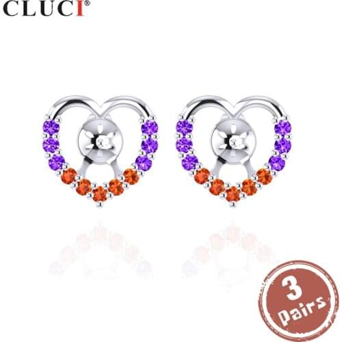 CLUCI 3 pair 925 Sterling Silver Stud Earrings for Women Pearl Earrings Mounting Zircon Silver 925 Heart Earrings SE093SB
