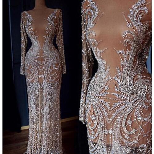 Dubai Designer Luxury Illusion Sexy Evening Dresses 2020 Nude Long Sleeve Beading Sequined Evening Gowns Real Photo LA60775