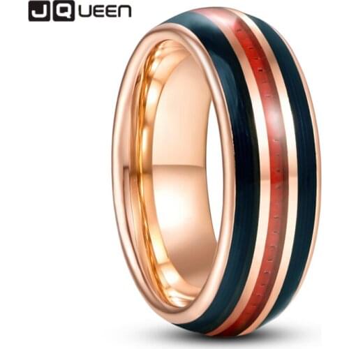 JQUEEN 8mm Electric Gold Inlaid Black Guitar Strings Red Carbon Fiber Dome Tungsten Carbide Ring Mens Wedding Jewelry Gift