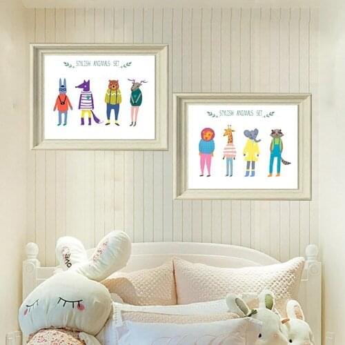 Cartoon Animal Combination Photo Wall Canvas Painting STYLISH ANIMALS SET Poster Kindergarten Childrens Room Decor Pictures