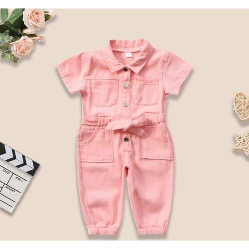 Baby Girl Jumpsuit Romper Button Pink Pocket Casual Work Clothes One Piece Standing Collar Pocket Short Sleeve Toddler Clothes