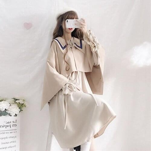 Vintage Style Girls' 2Pcs Set: Long Sleeve Knee-length Dress + Apricot Cape Cute Smart Women Dress Autumn Winter One Piece