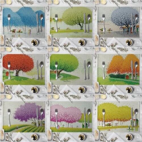 Fashion Print Rectangle Cotton Linen Western Style Table Pad Cut Mats Placemat for Dinner Kitchen Table 40x30cm Flower Tree