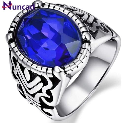 NUNCAD Mens Ring Retro Stainless Steel Ring Inlaid with Blue/Green/Red Color Crystal Glass Stone Wedding Anniversary Band Ring