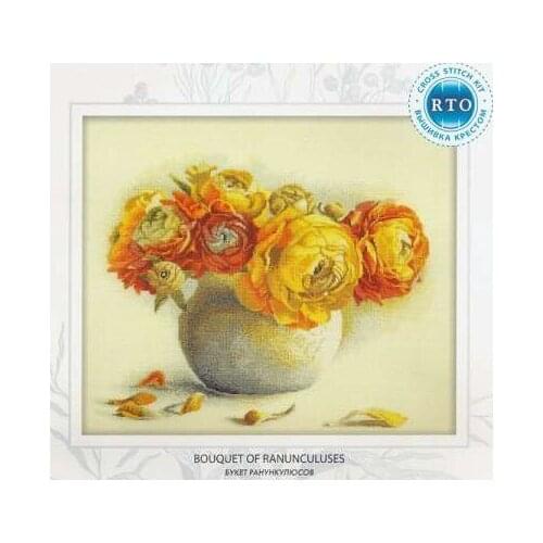 Yellow fabric Counted Cross Stitch Kit Bouquet of Ranunculuses Flower Flowers Peony Peonies rto