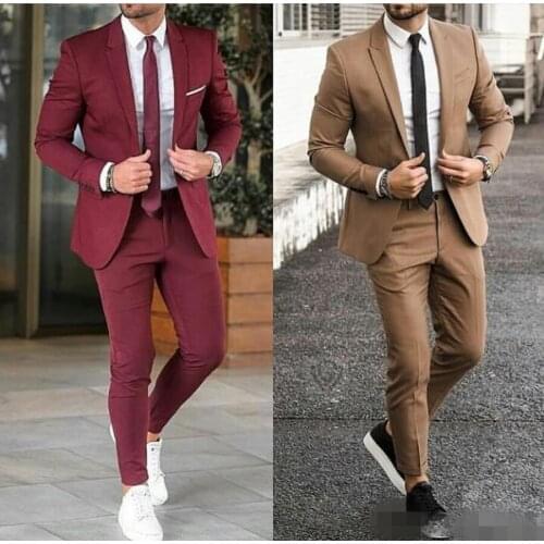 2021 New Burgundy Men Suits For Wedding Notched Lapel Slim Fit Groom Tuxedos Prom / Business Suit (Jacket+Pants+Tie)