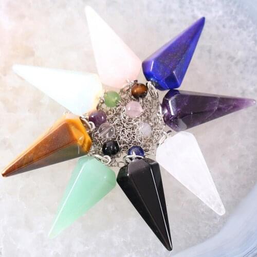 Charm Reiki Pyramid Hexagonal Pendulum Bead Chain Pendant Natural Gem Pink Crystal Jewery Gift for Women Men 1Pcs K1801