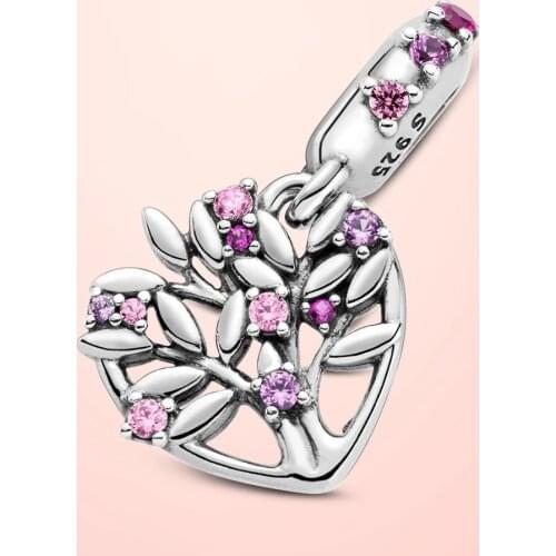 Original 925 Sterling Silver Bead Pink Zircon Heart Family Tree Dangle Charm fit Europe Bracelet DIY fine Jewelry Mother Day Gif