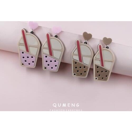 Original design pearl milk tea coffee cup funny acrylic long pendant big earrings lovely heart-shaped love girl punk jewelry