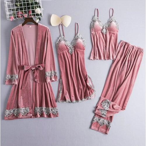 Sexy Women V-Neck Sleep Set Homewear Pijamas Winter Velour Pajamas Suit Kimono Soft Gold Velvet Female Nightwear Pyjamas