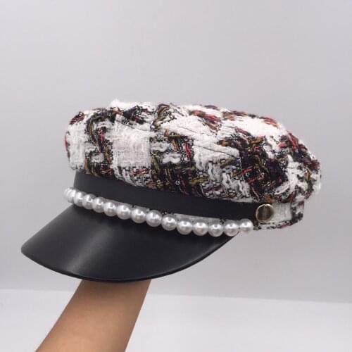 New winter fashion plaid splice cap handmade pearl navy hat beret tide female fashionable tide