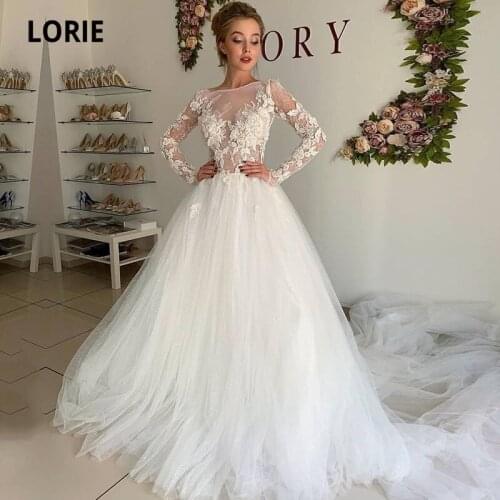 LORIE Boho Long Sleeve Wedding Dresses O-Neck Appliques 3D Lace A-Line Vintage Wedding Gown Custom Made Glitter Bridal Dress