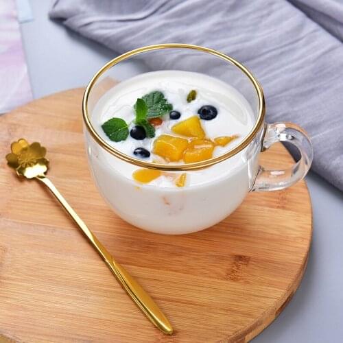 Creative Breakfast Glass Coffee Tea Milk Cups Transparent Gold Plated Large Cup Saucer With Stirring Spoon Handle Drinkware