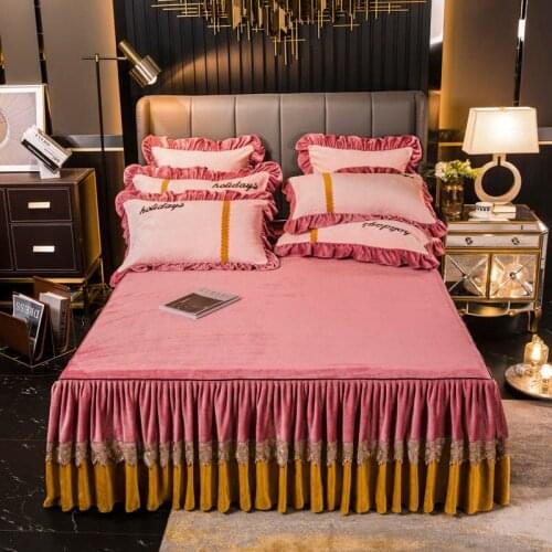 Thickened warm milk fleece Bed spread Fitted Sheet Pillowcases 2/3 pcs Luxury embroidery Lotus leaf lace Princess bedding