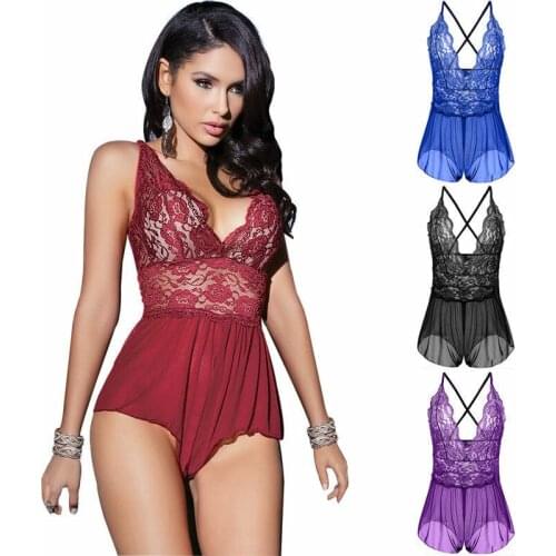 Women Sexy Sleepwear Lingerie Solid Color Deep V-neck Sleeveless Spaghetti Strap See through Bodysuit Nightwear Underwear