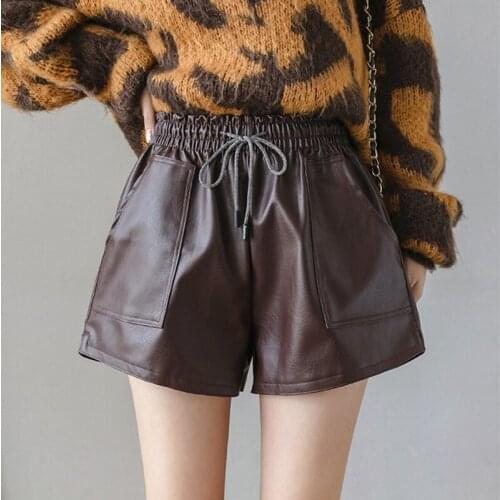 Womens Leather Pants Loose Wide Leg Pants All-Match Drawstring Elastic Waist Casual Pants