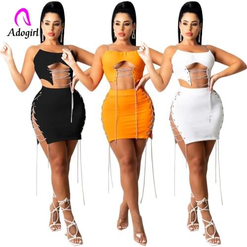 Chain Straps Women 2 Piece Set Lace Up Crop Top + High Waist Bodycon Skirts Matching Set 2021 Autumn Sexy Night Club Party Suits