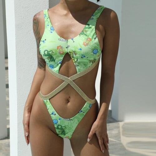 Tiger Print One Piece Swimwear Women Hollow-out Jumpsuit Sleepless Retro Chinese Style Round Neck Beach Surfing Wear Swimsuit