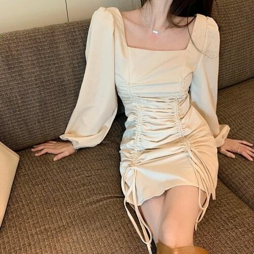 Autumn Dress Women 2021 Square Collar Long Sleeve Slim Drawstring Bodycon Bandage Dress Short Square Collar Party Dresses