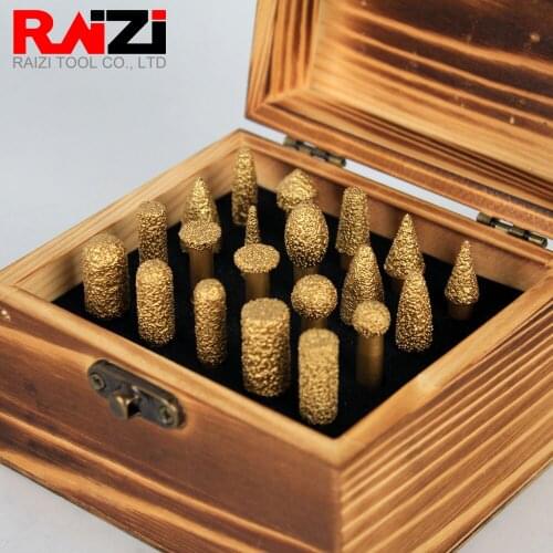 Raizi 20pcs Diamond Electroplated Grinding Burrs with Wooden Box Packed for Granite Marble Carving Bits 1/4 Shank Mounted Points