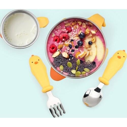 3 pcs Baby Feeding Tableware Food Warm Dish Bowl Set Stainless Steel Anti-Slip Children Kid Plate Set With Spoon Fork Sucker