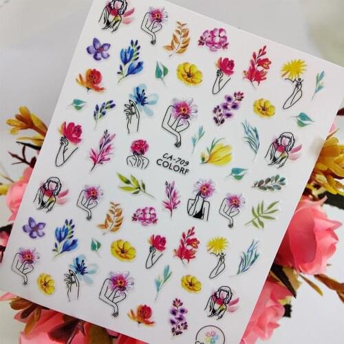 Watercolor Flower Girl Geometric Stickers for nails Design Self adhesive Nail Art Decoraciones Sliders Foil Manicure Accessories