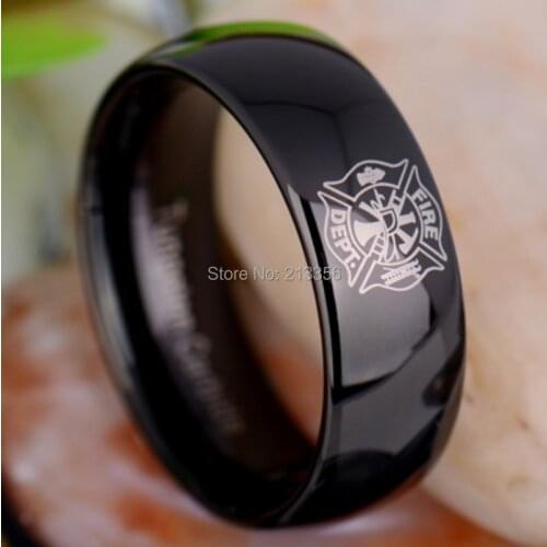 Free Shipping!USA Hot Sales E&C TUNGSTEN LUXURY JEWELRY 8MM FIREMAN FIREFIGHTER FIRE POLICE BLACK DOME NEW TUNGSTEN WEDDING RING