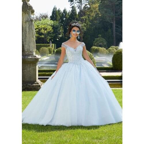 Glitter Quinceanera Dresses Party Prom Luxury Crystal Beading Off The Shoulder Ball Gown Sweet 16 Dress Blue Organza V Neck