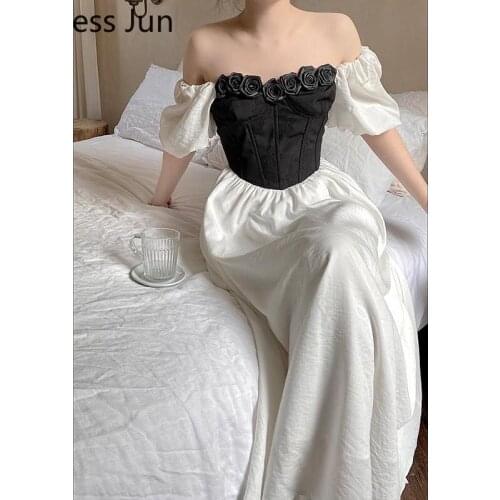 Black White French Palace Hepburn Style Evening Party Dress Elegant Rose Flower Appliques Puff Sleeve Slim Waist Dress Vestidos