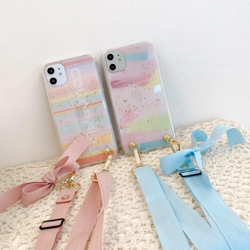 Epoxy Marble Crossbody Necklace Chain Phone Case For iPhone 12 11 Pro XS MAX XR X 7 8 Plus SE 2020 Back Cover With Bow Lanyard