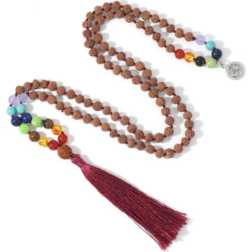108Mala Natural Rudraksha and Natural Stone Beaded Pendant Tassel Necklace Meditation Declaration Amulet