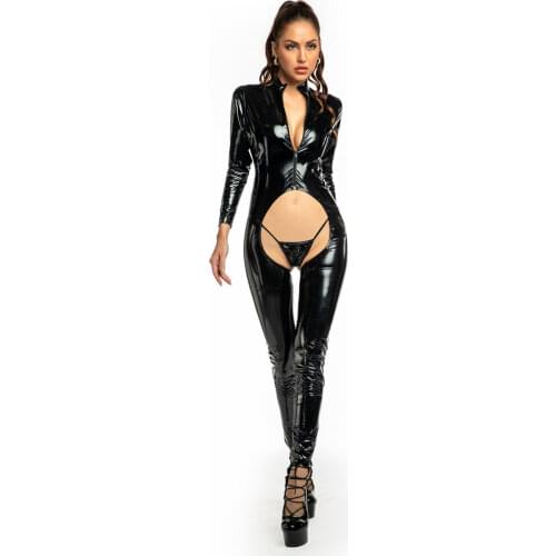 Open Crotch Thick Catsuit Faux Latex Jumpsuit Back Short Sleeves Zipper Wetlook Leather Overalls Hollow Out Bodysuits Costume