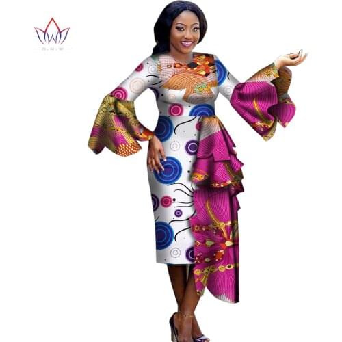 African Dresses for Women Private Custom Flare Sleeve O-neck Mid-calf Length Dress Sexy Pencil Dress Plus Size Wax Cotton WY2500