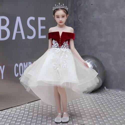 Red Elegant Girl Dress Princess Birthday White Tulle Flower Girl Dresses Wedding Evening Party Summer Sukienki Dresses AE50GD