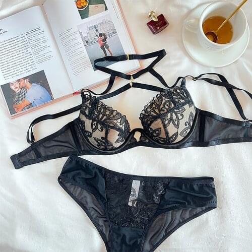 Wriufred Sexy lace halter thin cotton womens bra with panties suit big breasts large size underwear bralette set